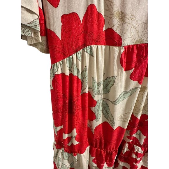 ✌️ 2/$40 ✌️ Red & Beige Floral Print Tunic Dress, Short Sleeves & Tassel sz M - Picture 2 of 9